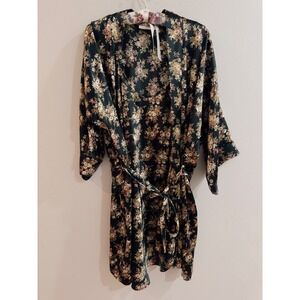 Vtg Kristine Tyler Intimates Dark Floral Romance Satin Slip Dress Robe Set Large